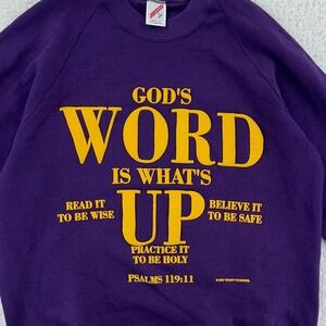 vtg 90s GOD'S WORD IS WHAT'S UP DOUBLE-SIDED CREWNECK SWEATSHIRT MEDIUM jesus
